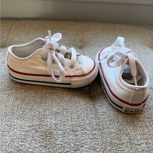 2 Pair! Converse Kids White Canvas Low Top Sneakers with Red & Blue Stripe